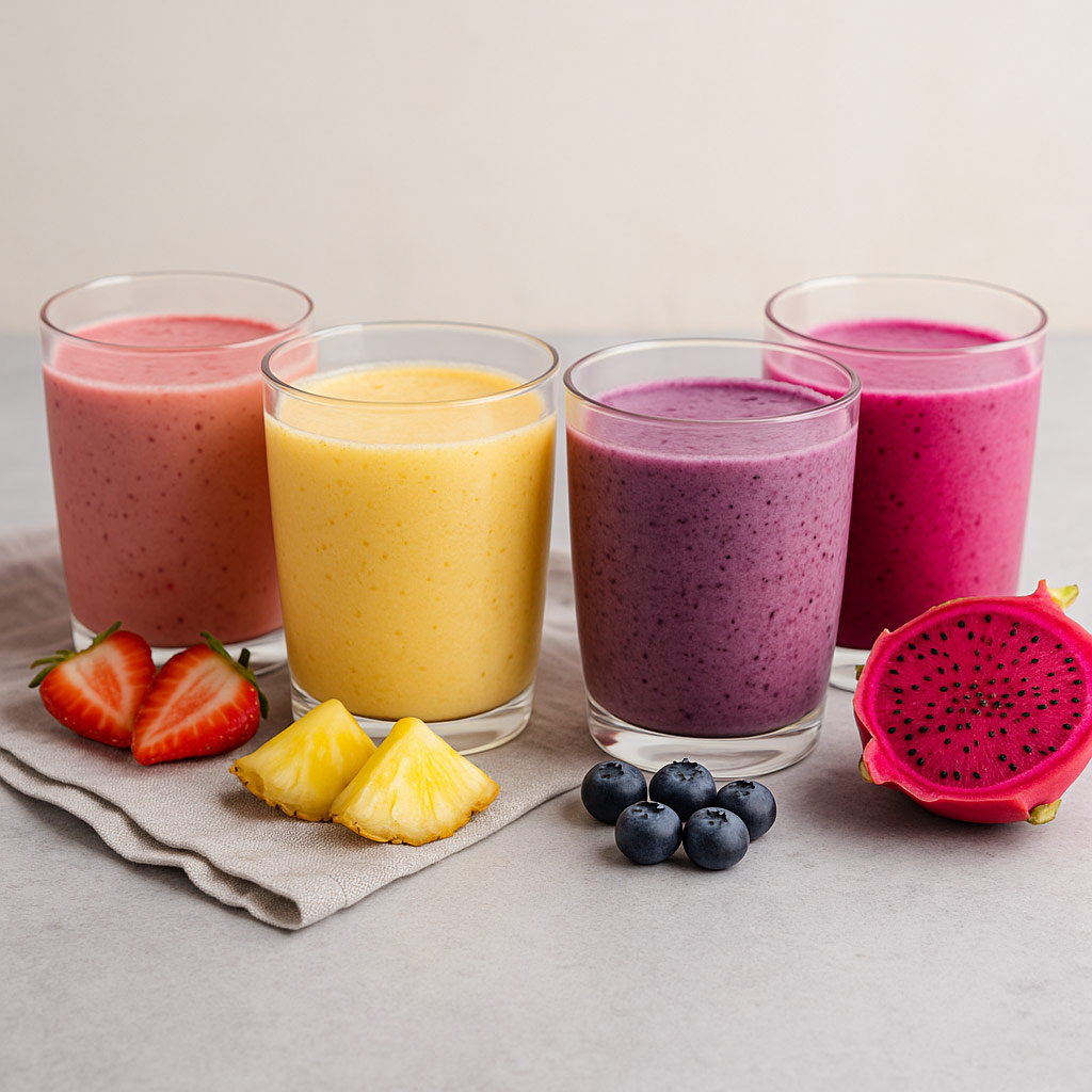 Colorful homemade smoothies and fruits