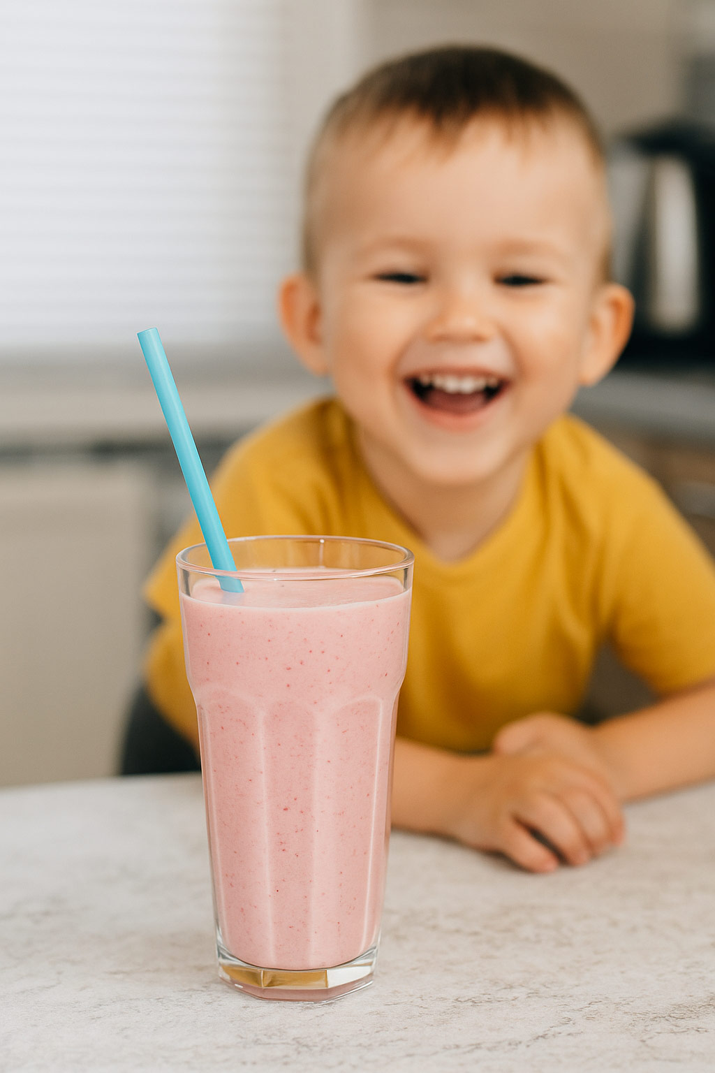 Child excited about pink smoothie